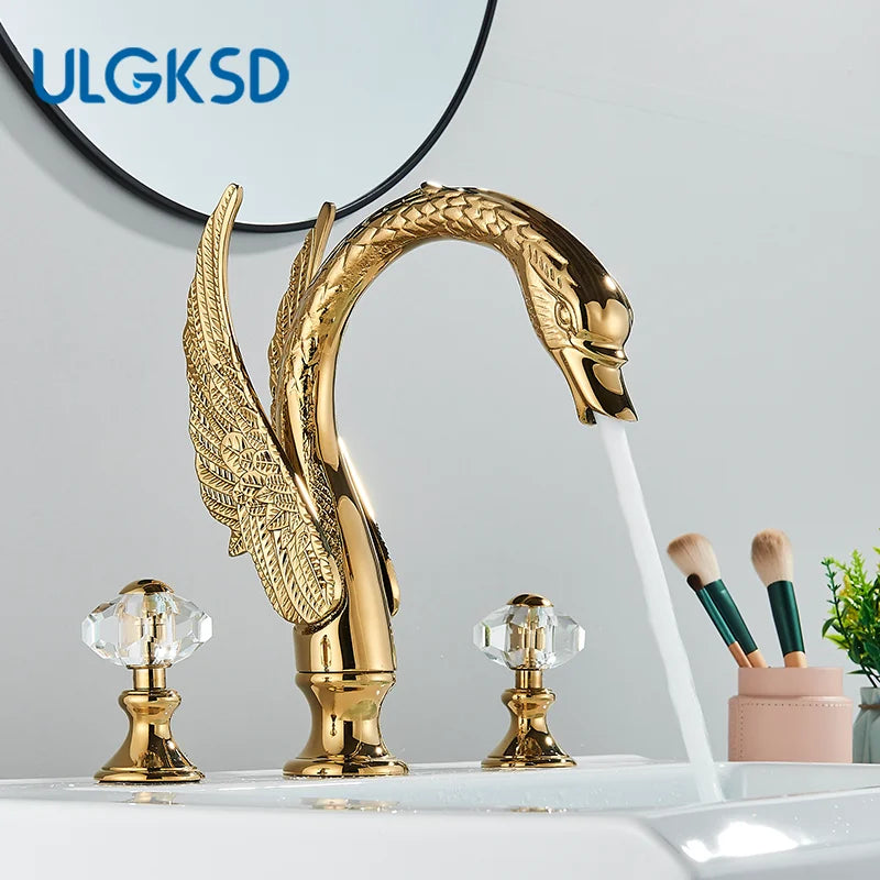 Golden Bathroom Faucet Swan/Bird Shape  Basin Faucet Tap Bathtub Faucet Two Crystal Handles Hot Cold Mixer 3-Piece Set Crane