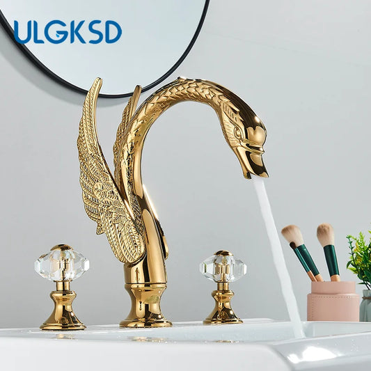 Golden Bathroom Faucet Swan/Bird Shape  Basin Faucet Tap Bathtub Faucet Two Crystal Handles Hot Cold Mixer 3-Piece Set Crane