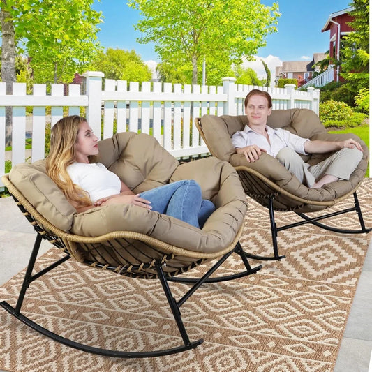 2 pcs Rocking Egg Chair, Indoor Outdoor Oversized Lounge Chair, Wicker Papasan Rocker with Water Resistant Cushion Cover, 450 l