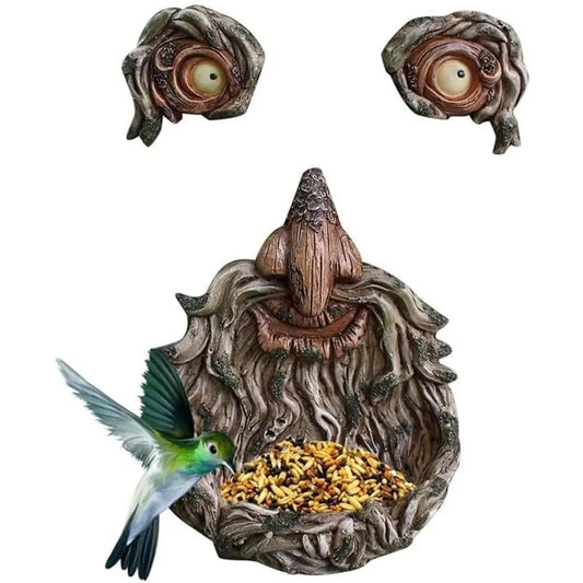 Funny Tree Face Resin Luminous Outdoor Bird Feeder Sculpture Decoration Hanging Wild Bird Feeder Yard Art Garden Decor Can be Us