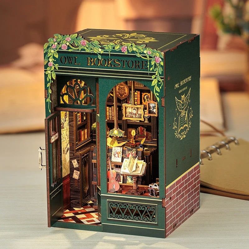 CUTEBEE DIY Book Nook Bookshop Kit Miniature Wooden Dollhouse with Light Bookshelf Insert 3D Puzzle Decor for Gift Owl Bookstore