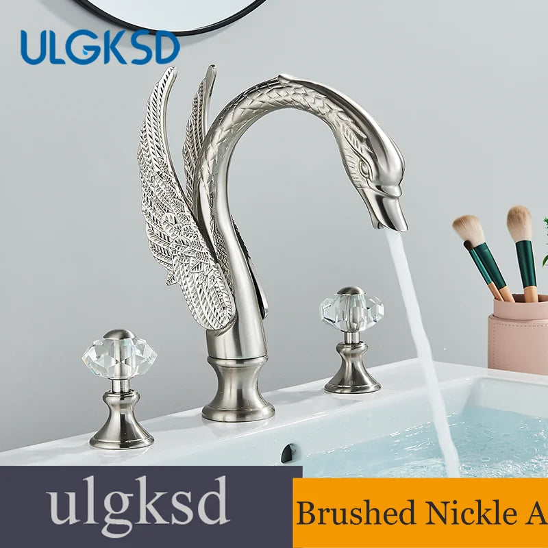 Golden Bathroom Faucet Swan/Bird Shape  Basin Faucet Tap Bathtub Faucet Two Crystal Handles Hot Cold Mixer 3-Piece Set Crane