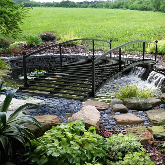 Metal Garden Bridge 8 FT - Durable Decorative Footbridge with Siderails Large Outdoor Bridges