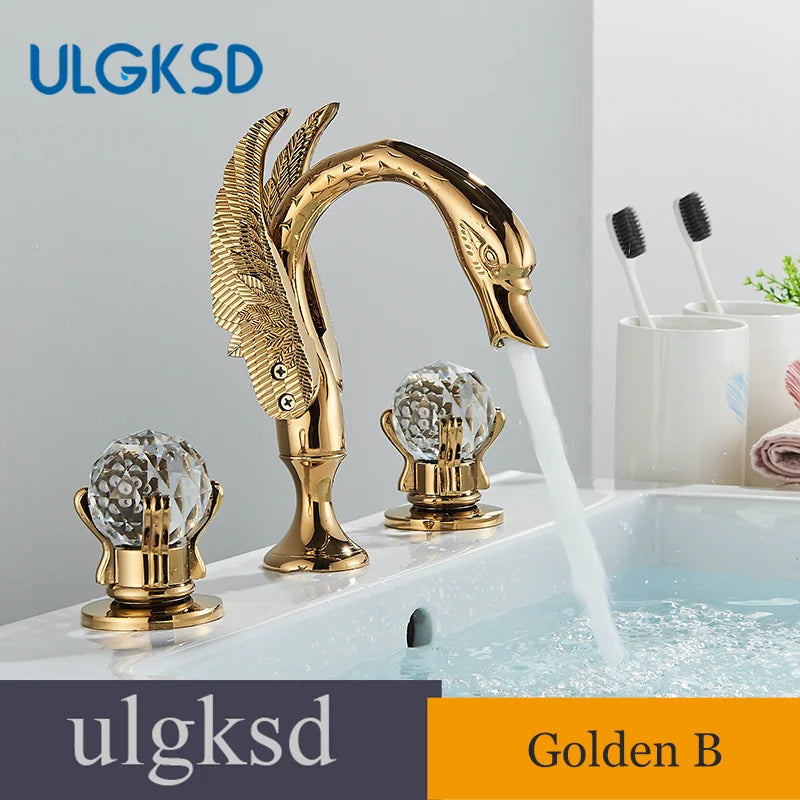 Golden Bathroom Faucet Swan/Bird Shape  Basin Faucet Tap Bathtub Faucet Two Crystal Handles Hot Cold Mixer 3-Piece Set Crane