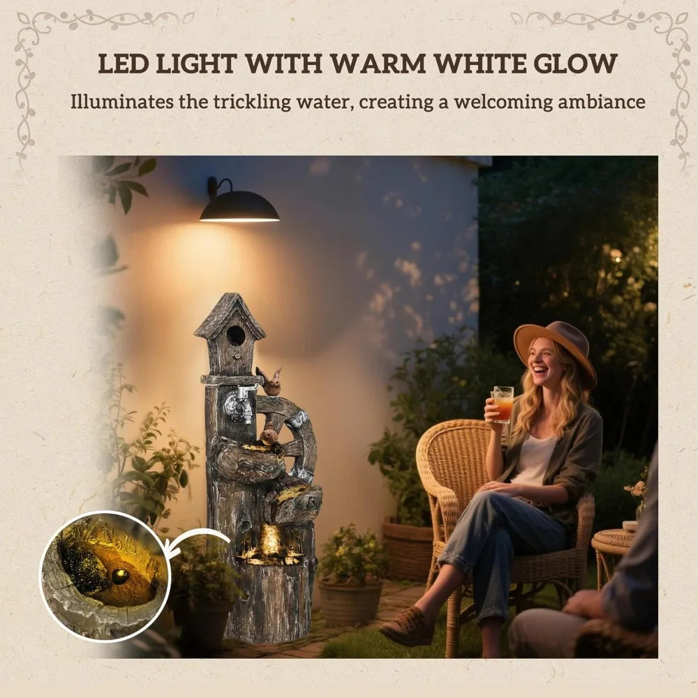 Outdoor Water Fountain, Decorative Garden Birdhouse, 3-Tier Cascading Waterfall with LED Lights and Water Wheel, Soothing Tranq