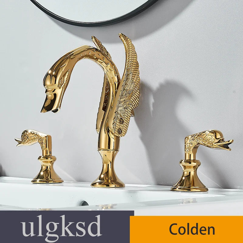 Golden Bathroom Faucet Swan/Bird Shape  Basin Faucet Tap Bathtub Faucet Two Crystal Handles Hot Cold Mixer 3-Piece Set Crane
