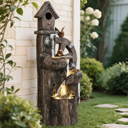 Outdoor Water Fountain, Decorative Garden Birdhouse, 3-Tier Cascading Waterfall with LED Lights and Water Wheel, Soothing Tranq