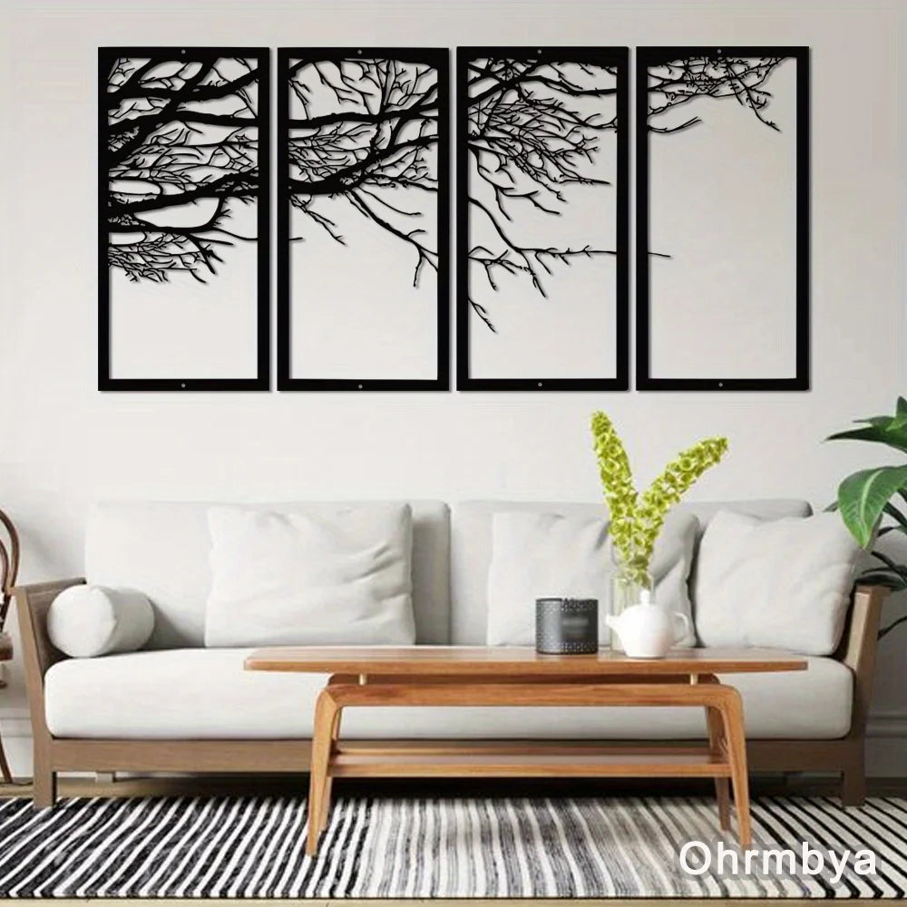 Ohrmbya Metal Wall Art Tree of Life 4 Pieces Tree Sign Interior Decor 4 Panels Wall Hangings Holiday Wall Art Decoration