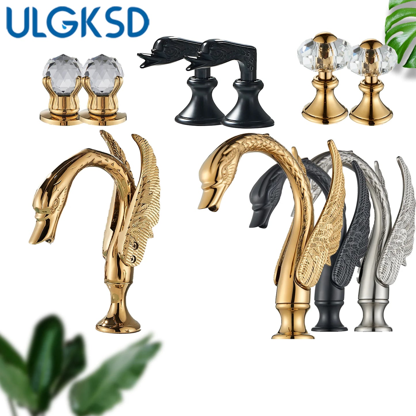 Golden Bathroom Faucet Swan/Bird Shape  Basin Faucet Tap Bathtub Faucet Two Crystal Handles Hot Cold Mixer 3-Piece Set Crane