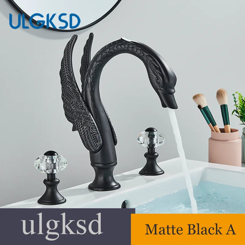 Golden Bathroom Faucet Swan/Bird Shape  Basin Faucet Tap Bathtub Faucet Two Crystal Handles Hot Cold Mixer 3-Piece Set Crane
