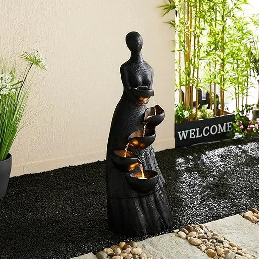 2-Tier Stone Like Outdoor Water Fountain with Birds, Bird Bath Outdoor Waterfall Fountain Decor, Freestanding Water Fountains w