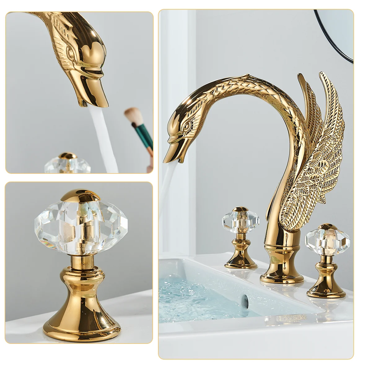 Golden Bathroom Faucet Swan/Bird Shape  Basin Faucet Tap Bathtub Faucet Two Crystal Handles Hot Cold Mixer 3-Piece Set Crane