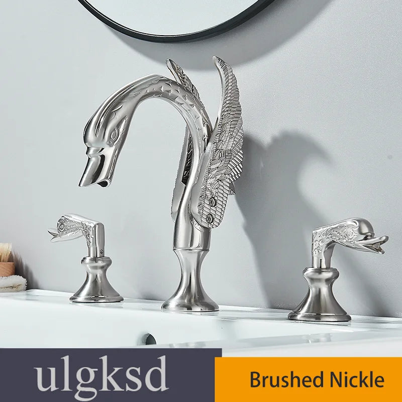 Golden Bathroom Faucet Swan/Bird Shape  Basin Faucet Tap Bathtub Faucet Two Crystal Handles Hot Cold Mixer 3-Piece Set Crane