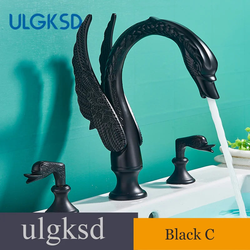 Golden Bathroom Faucet Swan/Bird Shape  Basin Faucet Tap Bathtub Faucet Two Crystal Handles Hot Cold Mixer 3-Piece Set Crane