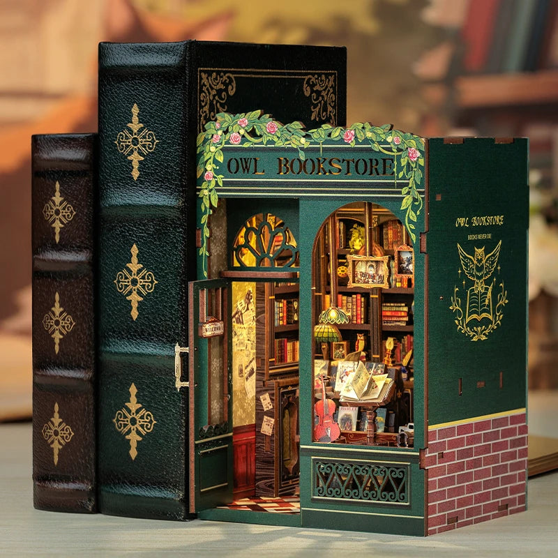CUTEBEE DIY Book Nook Bookshop Kit Miniature Wooden Dollhouse with Light Bookshelf Insert 3D Puzzle Decor for Gift Owl Bookstore
