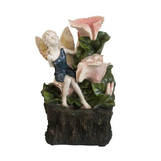 8.9x4.7x13.4" Decorative 3 Tier Tabletop Water Fountain with Fairy and LED Light, Angel Girl with Pink Flower Design