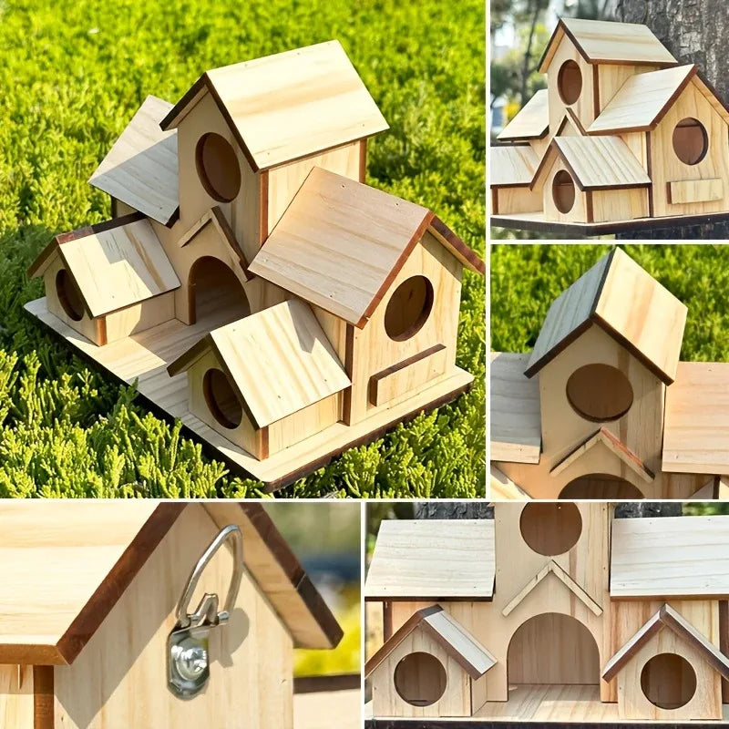 Natural Wooden Bird House Handmade Waterproof Garden Yard Outdoor Hanging Bird Feeder Villa Nest for Wild Birds Decoration