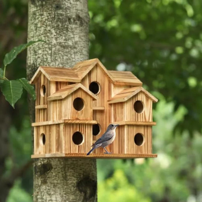 Natural Wooden Bird House Handmade Waterproof Garden Yard Outdoor Hanging Bird Feeder Villa Nest for Wild Birds Decoration