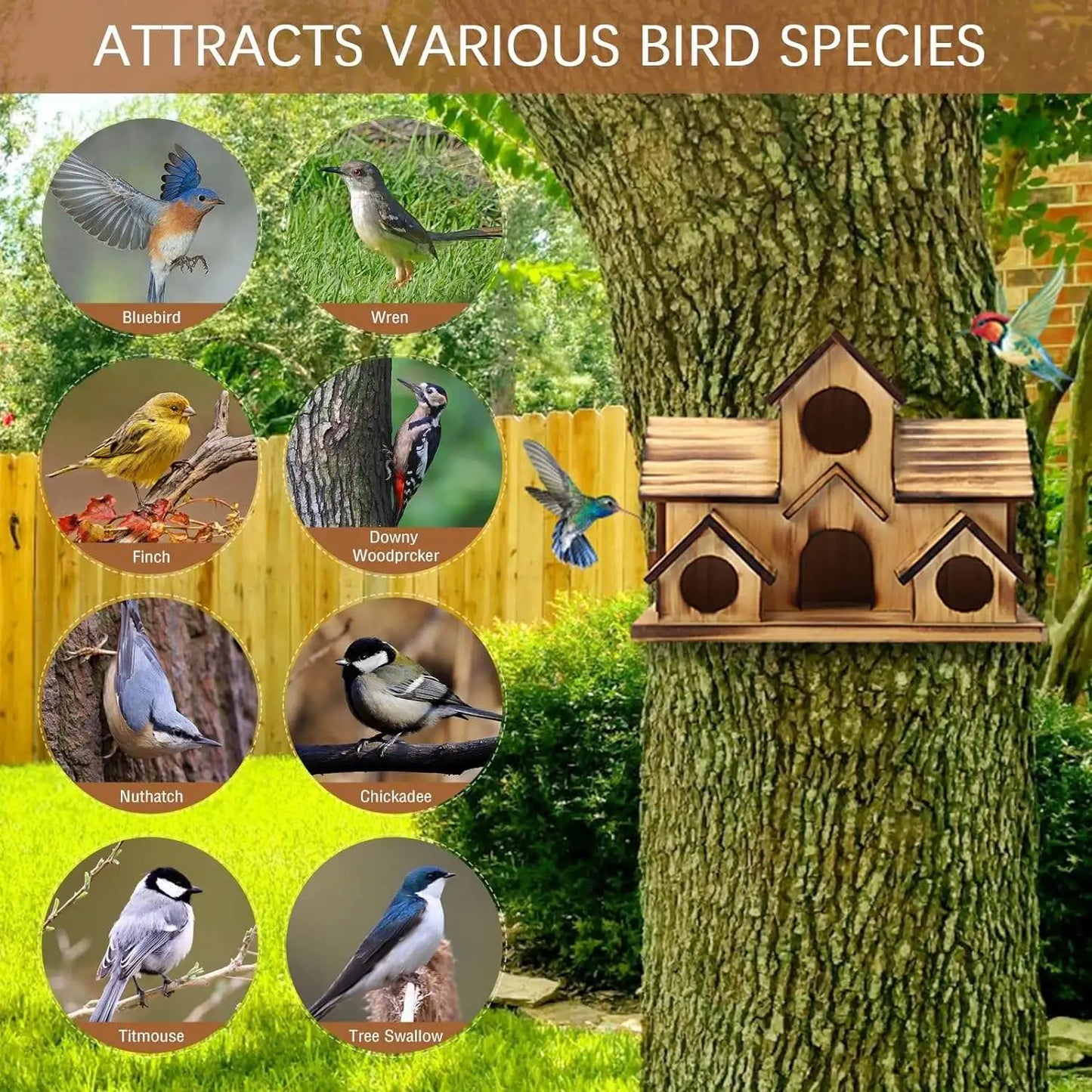 Natural Wooden Bird House Handmade Waterproof Garden Yard Outdoor Hanging Bird Feeder Villa Nest for Wild Birds Decoration