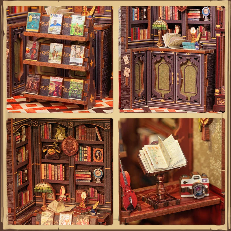 CUTEBEE DIY Book Nook Bookshop Kit Miniature Wooden Dollhouse with Light Bookshelf Insert 3D Puzzle Decor for Gift Owl Bookstore
