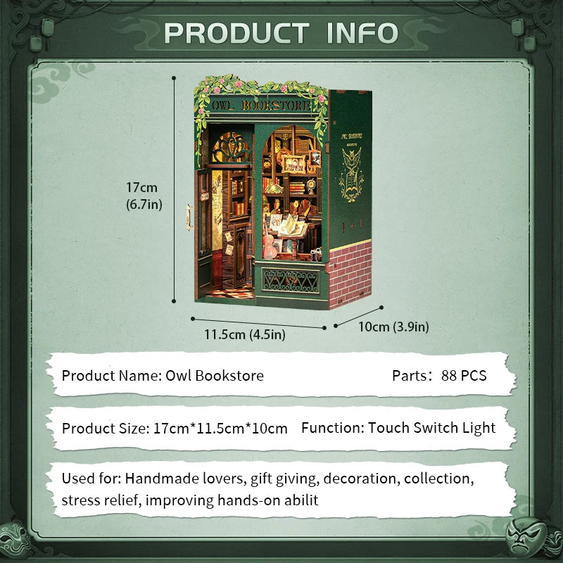 CUTEBEE DIY Book Nook Bookshop Kit Miniature Wooden Dollhouse with Light Bookshelf Insert 3D Puzzle Decor for Gift Owl Bookstore