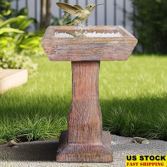23.2" H Rustic Birdbath Freestanding Square Bird Bath with Faux Wood Finish Garden Lawn Backyard Patio Porch Decor
