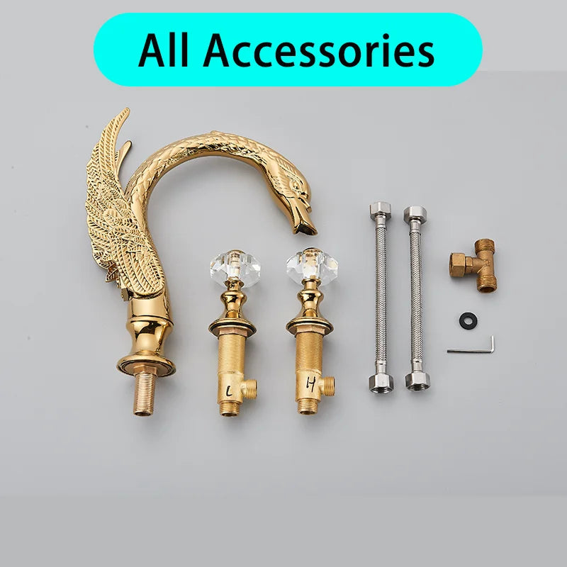 Golden Bathroom Faucet Swan/Bird Shape  Basin Faucet Tap Bathtub Faucet Two Crystal Handles Hot Cold Mixer 3-Piece Set Crane