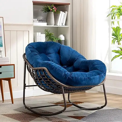 Large Indoor Outdoor Rocking Chair, Oversized Rocking Papasan Chair with Thick Cushion and Frame Outdoor Rocker, Comfy Wicker Eg