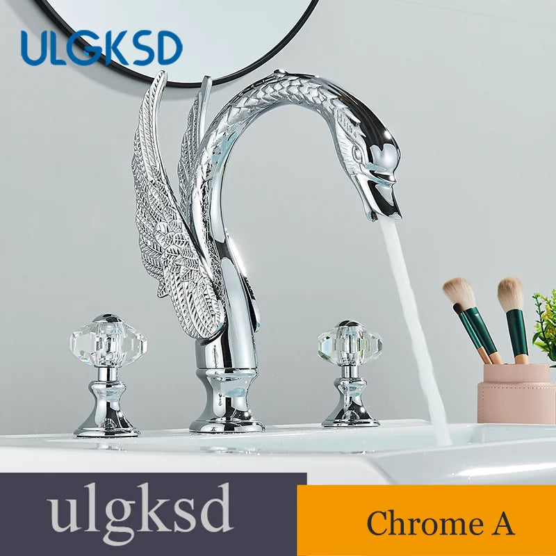 Golden Bathroom Faucet Swan/Bird Shape  Basin Faucet Tap Bathtub Faucet Two Crystal Handles Hot Cold Mixer 3-Piece Set Crane