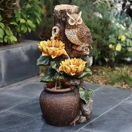 LuxenHome 28 Inch Tall Outdoor Water Fountain, Owl and Sunflower Cascading Waterfall Fountain Outdoor and Indoor with LED Lights
