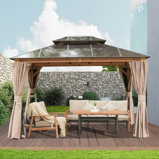 Domi Outdoor Living 10’ x 12’ Hardtop Gazebo, Wooden Coated Aluminum Frame Canopy with Polycarbonate Double Roof, Outdoor Perman