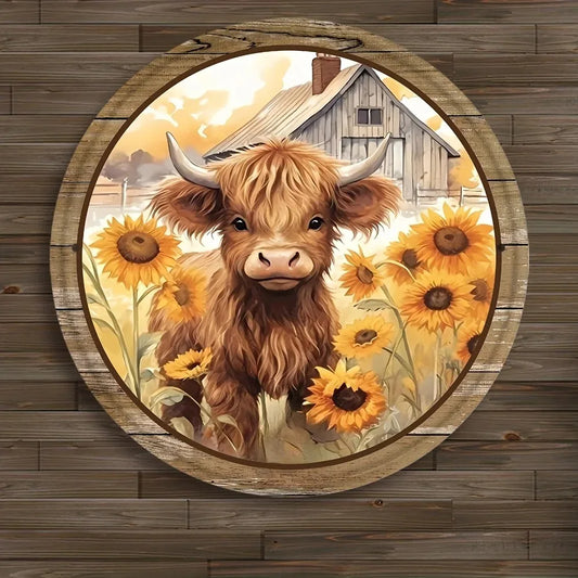 Tin Painting - Sunflower and Highland Cattle Round Metal Tin Sign | 8x8 inches 1pc Wreath Decor | Wall Decor & Wreath Enhancer