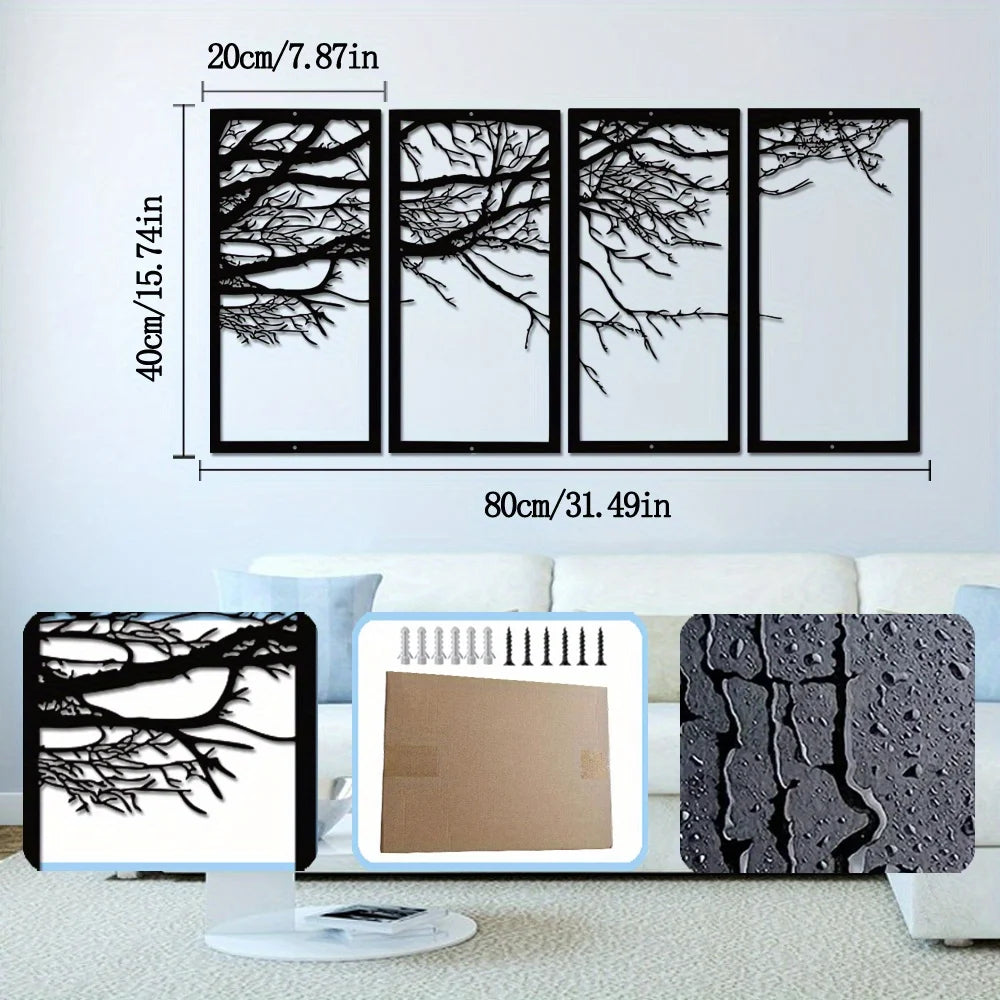 Ohrmbya Metal Wall Art Tree of Life 4 Pieces Tree Sign Interior Decor 4 Panels Wall Hangings Holiday Wall Art Decoration