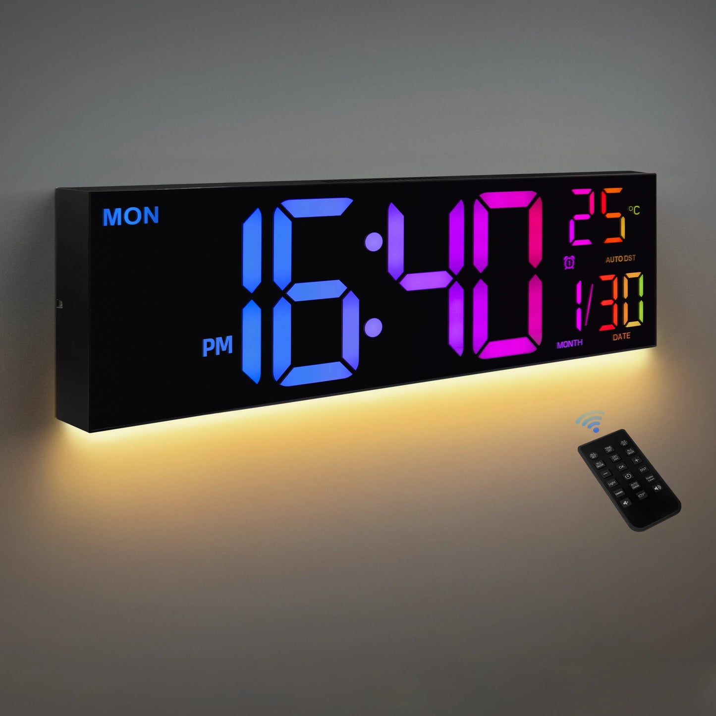 16" Large Digital Wall Clock, Big LED Display with Remote, 8 RGB Color, Alarm, DST, Temperature for Living Room, Kitchen