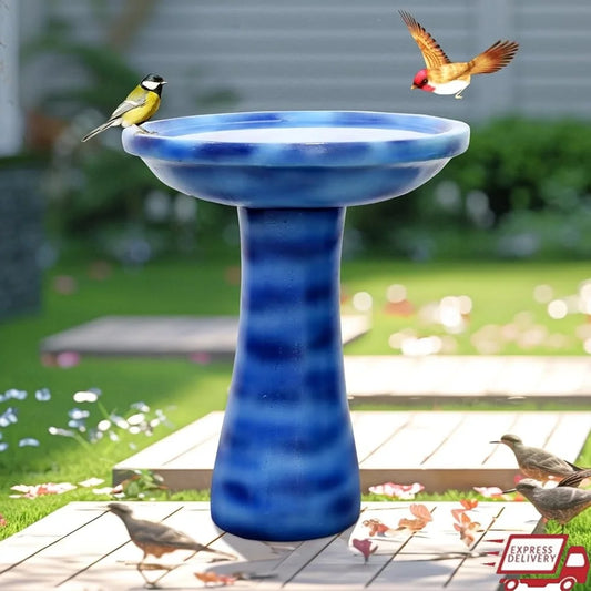 23.6 Inch Concrete Bird Bath Faux Ceramic Finish Outdoor Garden Decor Durable Elegant Design Attracts Birds Weather Resistant