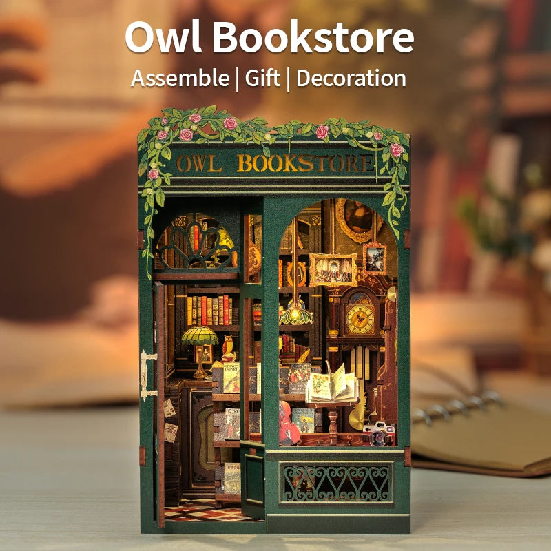 CUTEBEE DIY Book Nook Bookshop Kit Miniature Wooden Dollhouse with Light Bookshelf Insert 3D Puzzle Decor for Gift Owl Bookstore
