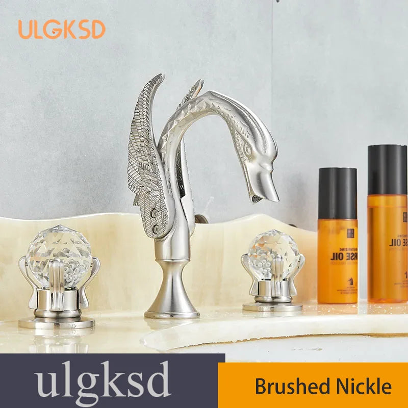 Golden Bathroom Faucet Swan/Bird Shape  Basin Faucet Tap Bathtub Faucet Two Crystal Handles Hot Cold Mixer 3-Piece Set Crane