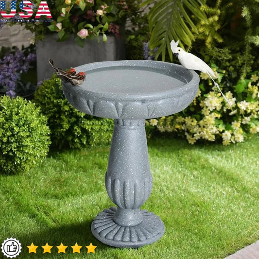 Outdoor Pedestal Bird Bath 21.2 Inch Durable Fiber Reinforced Concrete Stylish Garden Decor Water Source Birds Backyard Lawn