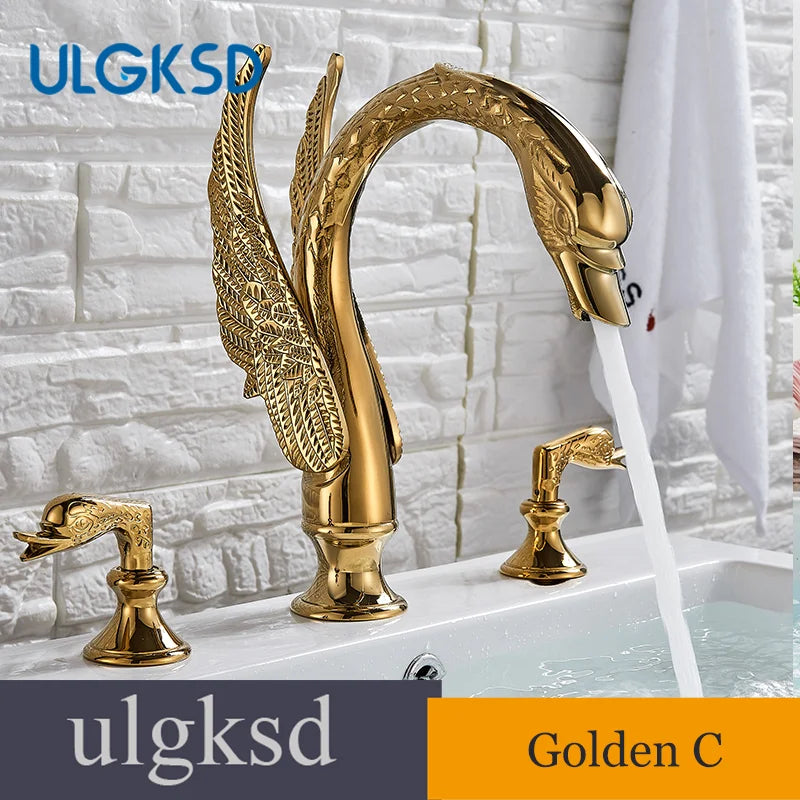Golden Bathroom Faucet Swan/Bird Shape  Basin Faucet Tap Bathtub Faucet Two Crystal Handles Hot Cold Mixer 3-Piece Set Crane