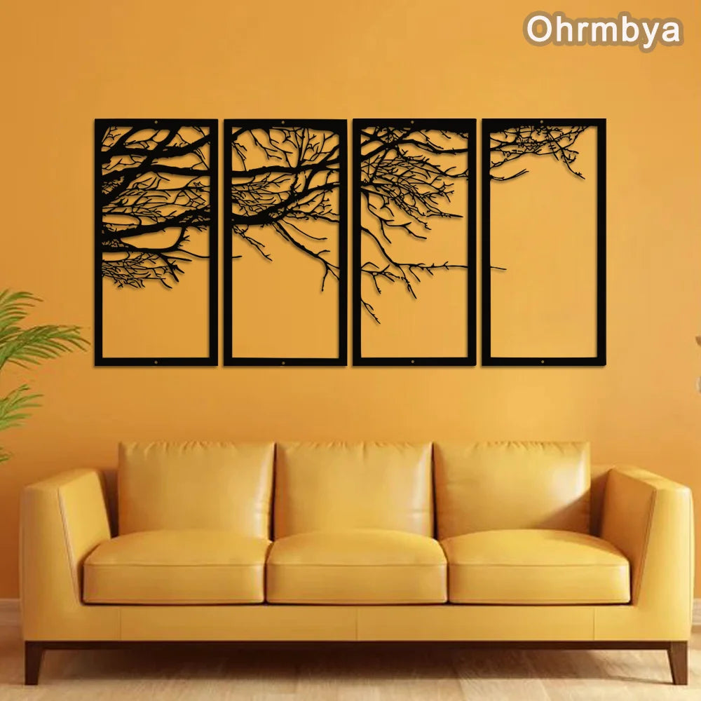 Ohrmbya Metal Wall Art Tree of Life 4 Pieces Tree Sign Interior Decor 4 Panels Wall Hangings Holiday Wall Art Decoration