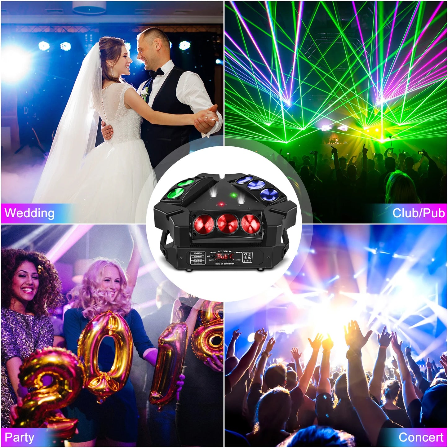 Datewink 9 Head Bird Beam Moving Head Lights RGB LED Strobe Stage Lighting Effect Projector For DJ Disco Christmas Karaoke Party