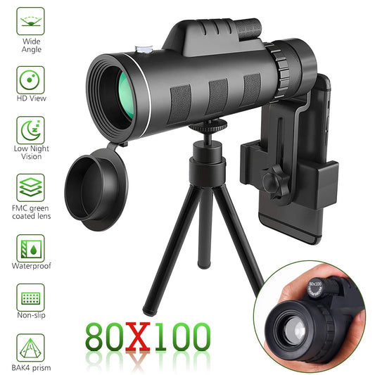 80x100 HD ZOOM Powerful Monocular Telescope Outdoor Portable Long Range Waterproof Camping Telescope with Aluminium Alloy Tripod