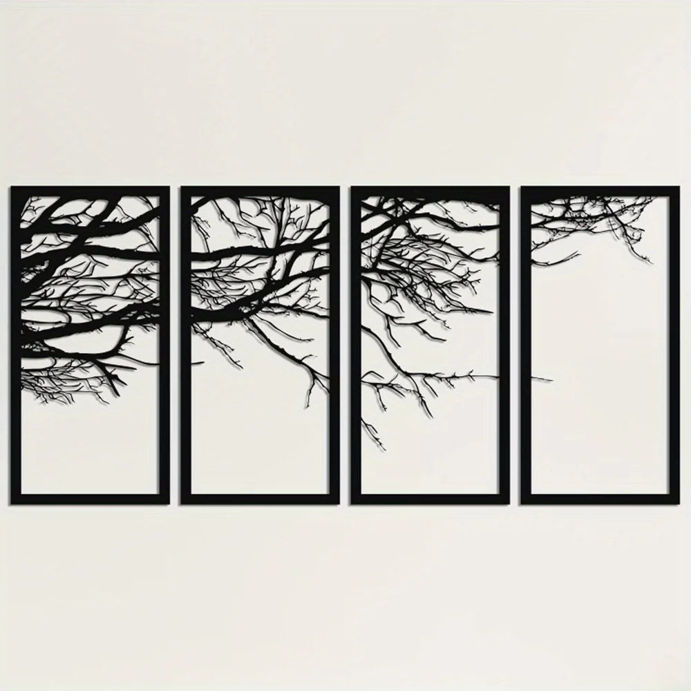 Ohrmbya Metal Wall Art Tree of Life 4 Pieces Tree Sign Interior Decor 4 Panels Wall Hangings Holiday Wall Art Decoration