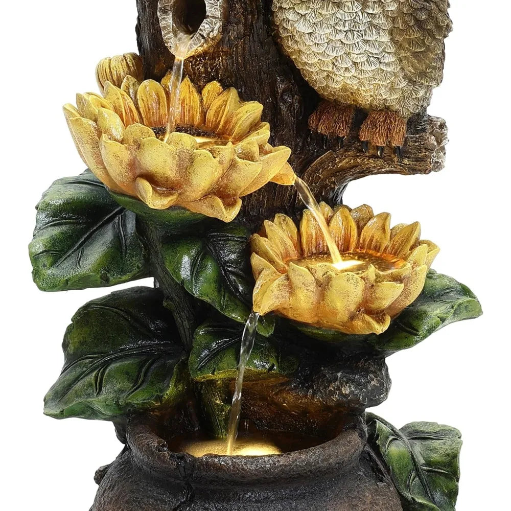 LuxenHome 28 Inch Tall Outdoor Water Fountain, Owl and Sunflower Cascading Waterfall Fountain Outdoor and Indoor with LED Lights