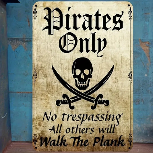 PIRATEDECORCZ Pirate W-Warning Metal Sign - Durable Tin Decor, Ideal Gift for Gardens, Bars & Pirate-Themed Spaces