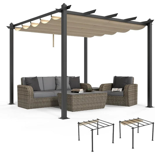 10’x 10' Outdoor Pergola Retractable Aluminum Pergola Canopy with Adjustable Roof, Patio Pergola for Deck, Porch, Garden, Yard