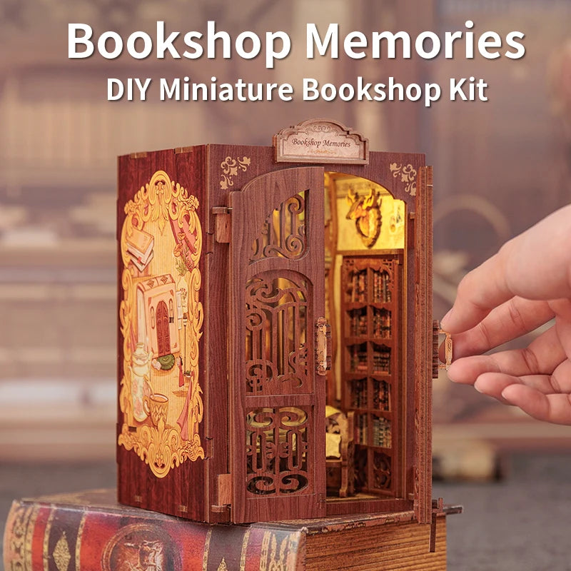 CUTEBEE DIY Book Nook Bookshop Kit Miniature Wooden Dollhouse with Light Bookshelf Insert 3D Puzzle Decor for Gift Owl Bookstore