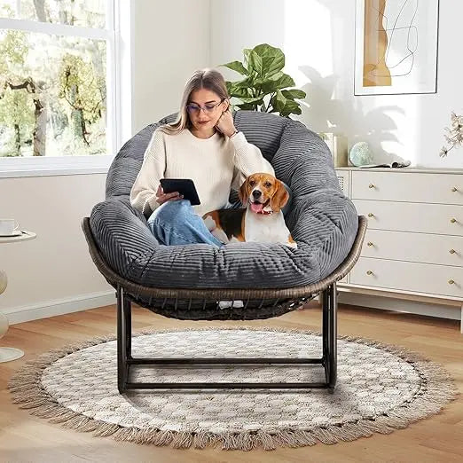 Large Indoor Outdoor Rocking Chair, Oversized Rocking Papasan Chair with Thick Cushion and Frame Outdoor Rocker, Comfy Wicker Eg