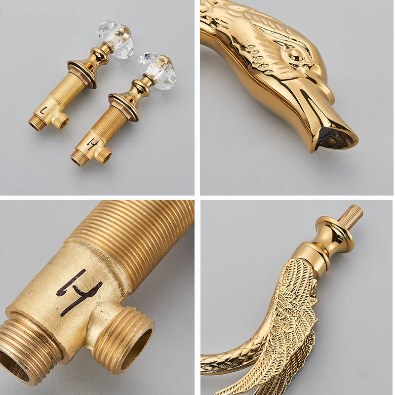 Golden Bathroom Faucet Swan/Bird Shape  Basin Faucet Tap Bathtub Faucet Two Crystal Handles Hot Cold Mixer 3-Piece Set Crane