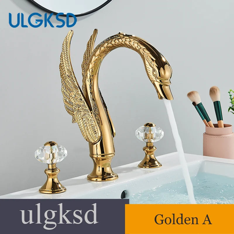 Golden Bathroom Faucet Swan/Bird Shape  Basin Faucet Tap Bathtub Faucet Two Crystal Handles Hot Cold Mixer 3-Piece Set Crane
